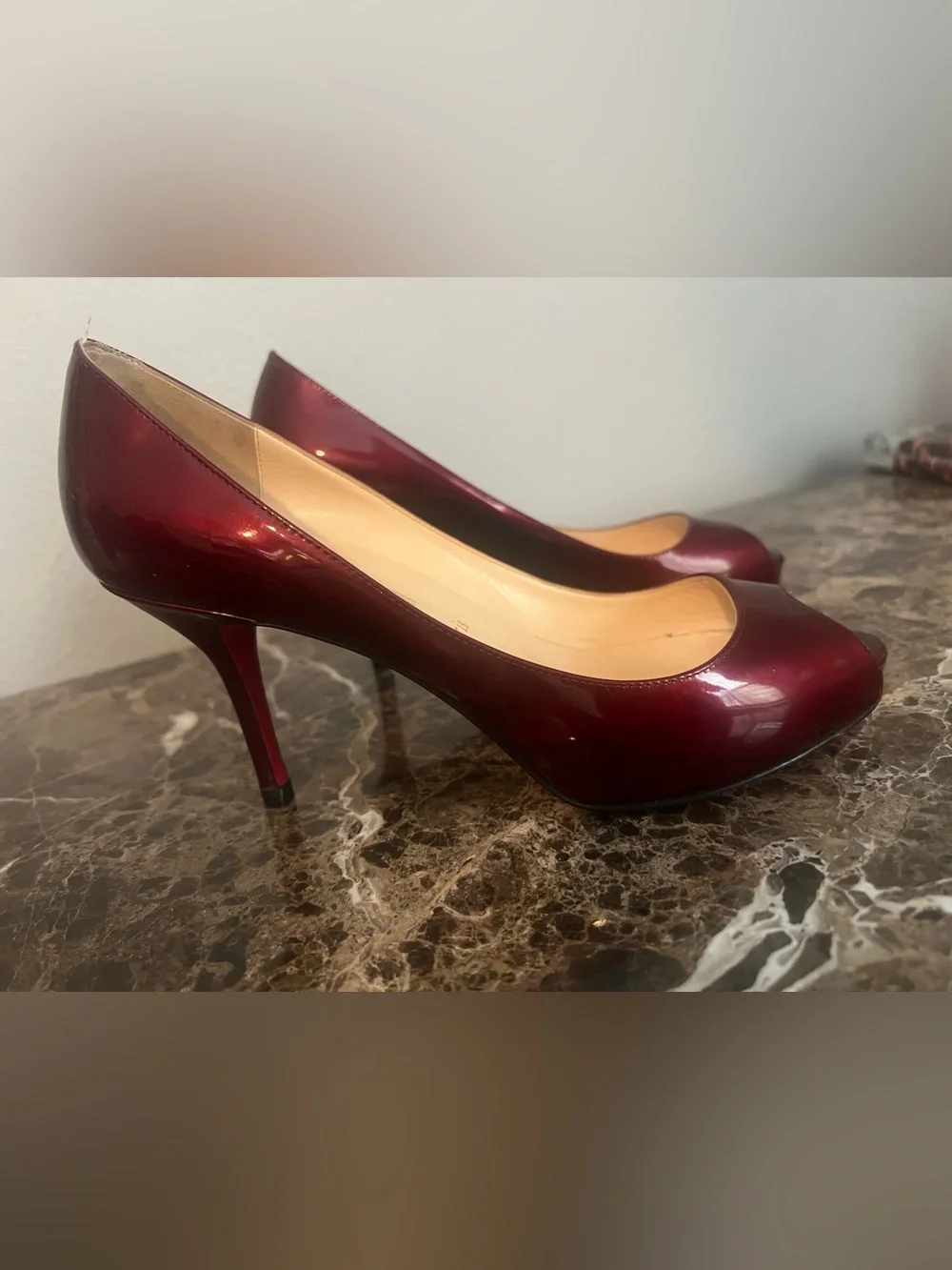 Christian Louboutin Shimmering Burgundy Patent Leather Prive 70mm Platform Pumps